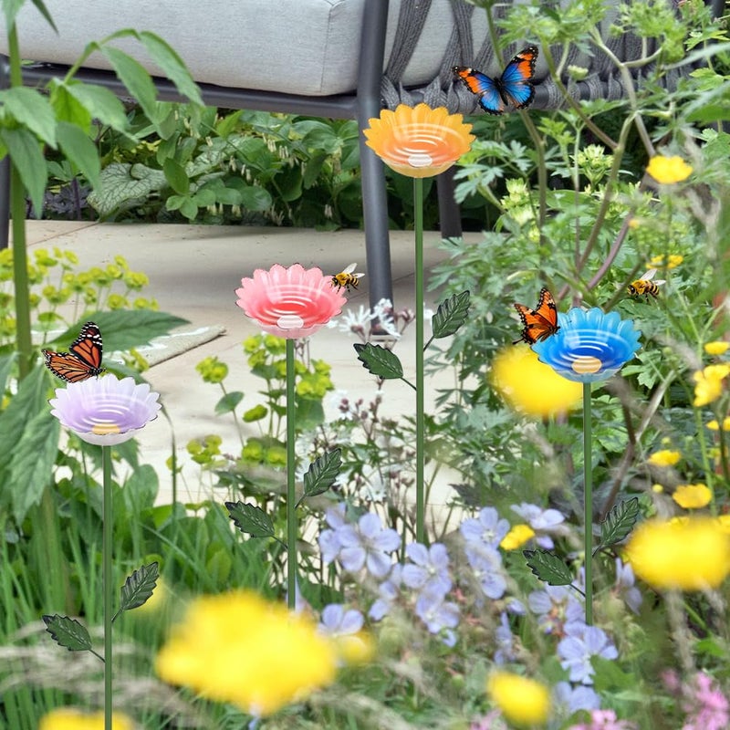 hogardeck Garden Decor for Outside, 4 Pcs 25.8" Metal Bee Watering Station, Flower Design with Stakes, Butterfly Feeder Bird Bath for Outside Yard Patio Lawn (Blue, Yellow, Pink, White) - Image 5