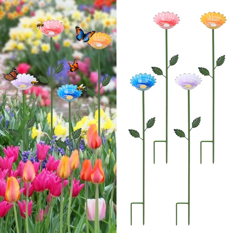 hogardeck Garden Decor for Outside, 4 Pcs 25.8" Metal Bee Watering Station, Flower Design with Stakes, Butterfly Feeder Bird Bath for Outside Yard Patio Lawn (Blue, Yellow, Pink, White) - Image 1