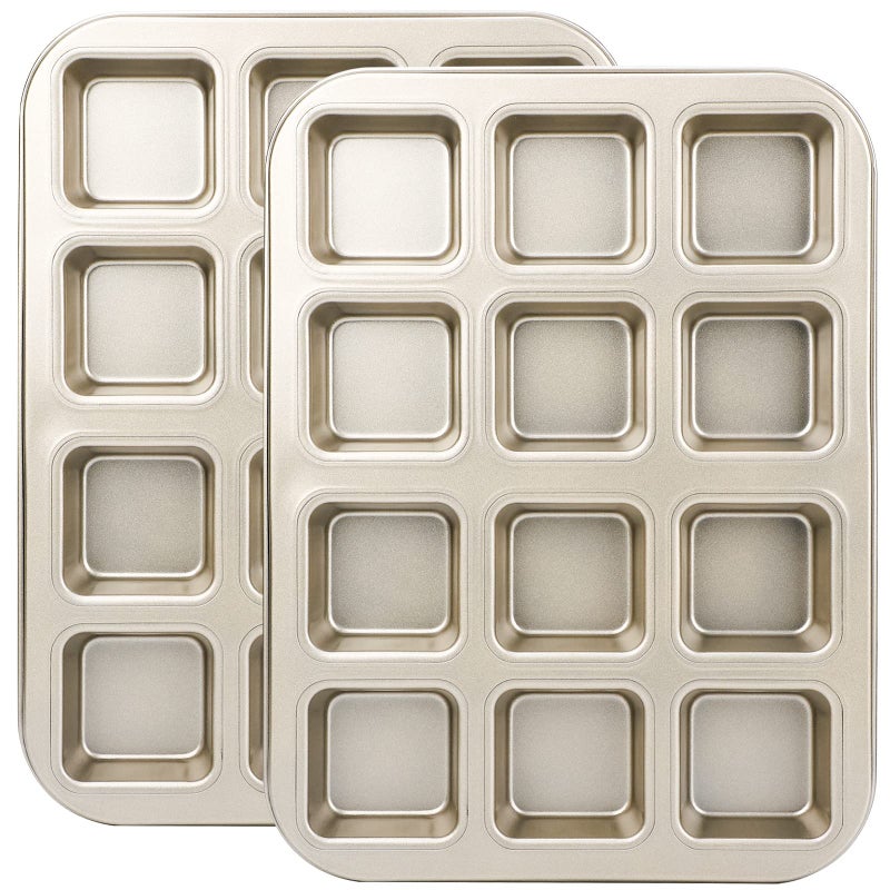 صينية براوني بيزيا مع فواصل 2 مجموعة ذهبية جميع الحواف مربعة صواني كب كيك براوني 12 تجويف صغير غير لاصقة قالب خبز من الصلب الكربوني حافة صغيرة 3x4 قاطع فردي صينية للكيك للفرن