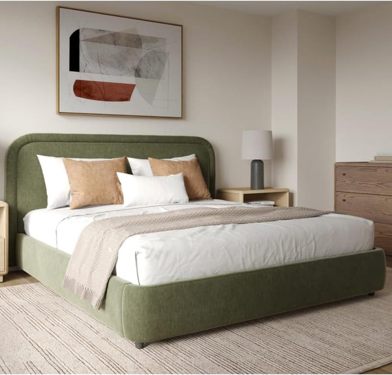 Modern Upholstered Bed Frame with Padded Curved Headboard - Olive Green, Twin Size with Medical Pillow Top Mattress - Image 4