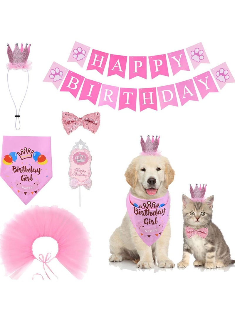 Six-Piece Pet Birthday Decoration Set, Dog Bibs Birthday Banner Skirt Bow Tie Party Hat Decoration Props (Pink) 