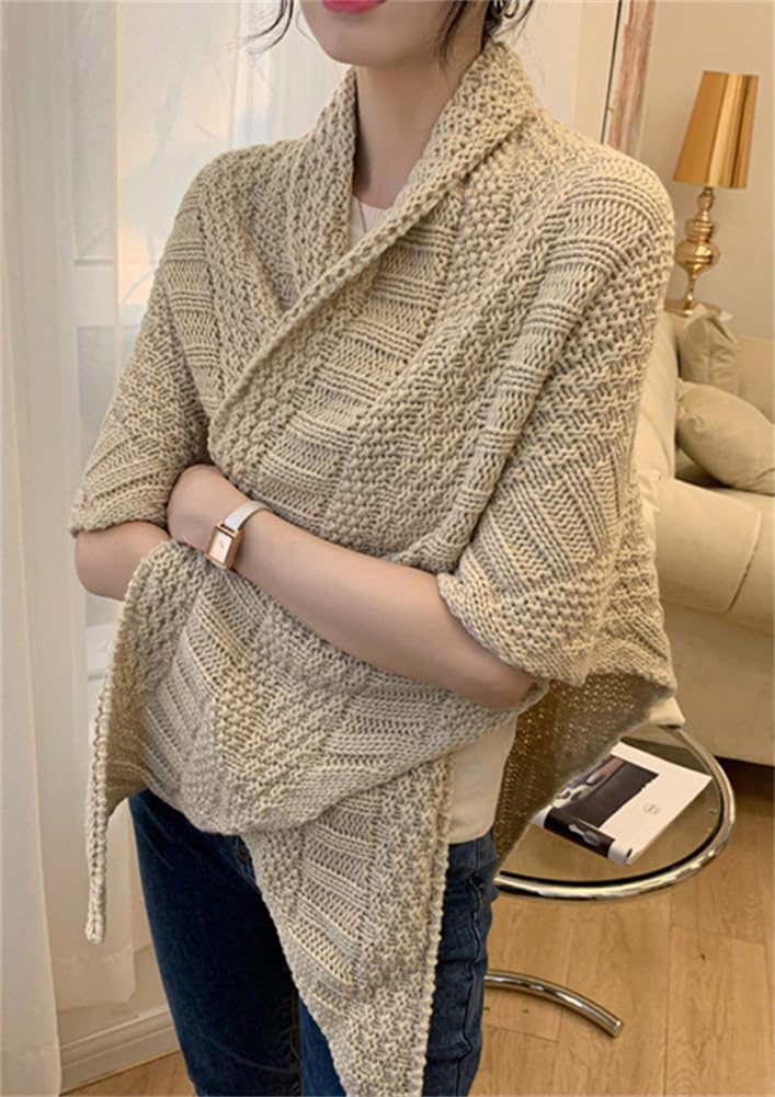 Pocadri Women's Triangle Knotted Shawl Wraps Casual Knitted Sweater Scarf Retro Cardigan Cape Travel Stoles Shoulder Tops - Image 3