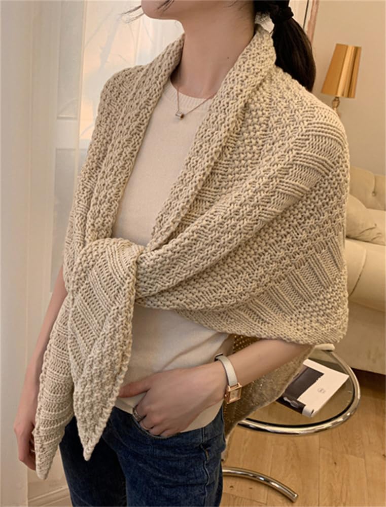 Pocadri Women's Triangle Knotted Shawl Wraps Casual Knitted Sweater Scarf Retro Cardigan Cape Travel Stoles Shoulder Tops - Image 2