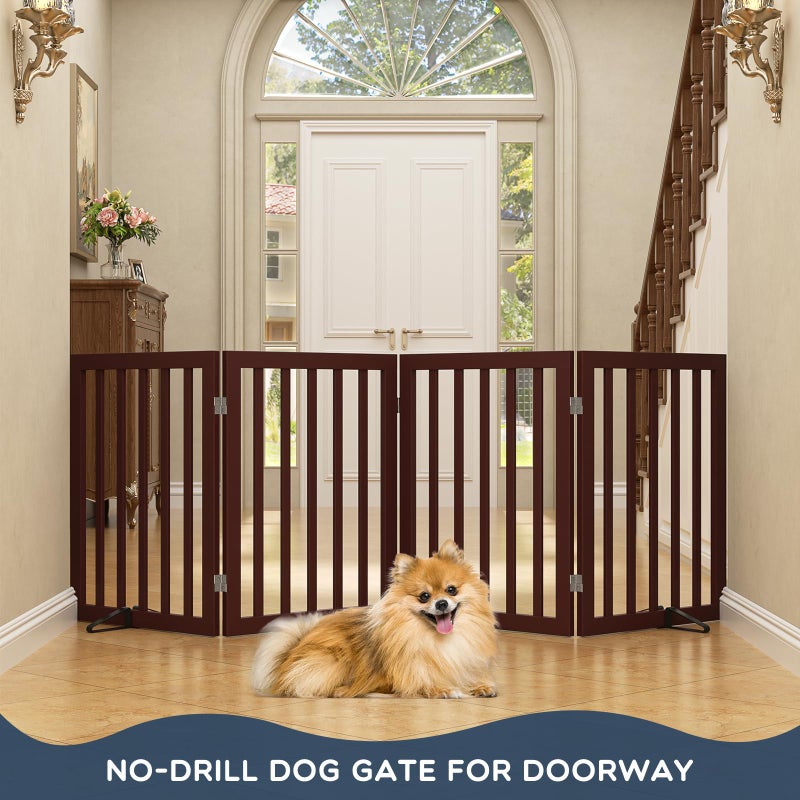 Homykic Bamboo Freestanding Dog Gate, No Assembly Pet Gate Indoor, 24â€H x 75â€W Extra Wide Foldable Puppy Fence with Support Feet for The House, Doorways Stairs, 4 Panels, No Drilling, Espresso - Image 2