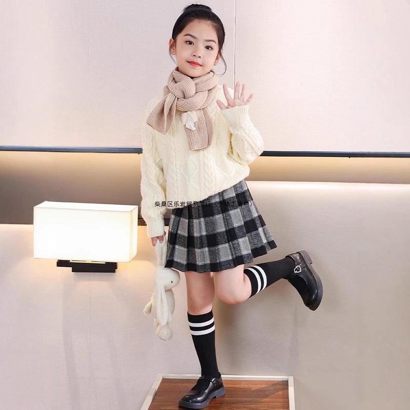 Girls Skirt Fleece-Lined Pleated Skirt Girls Big Kids Western Style Autumn Dress Paid Skirt Children'S College Style A - Image 5