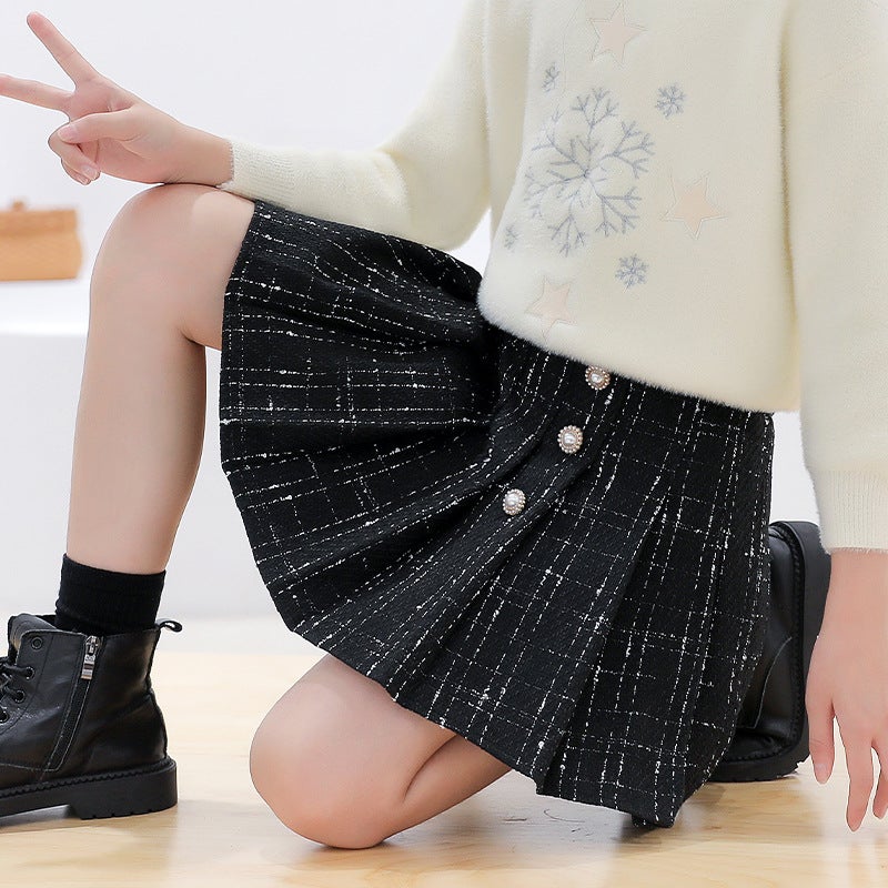 Girls Skirt Fleece-Lined Pleated Skirt Girls Big Kids Western Style Autumn Dress Paid Skirt Children'S College Style A - Image 1