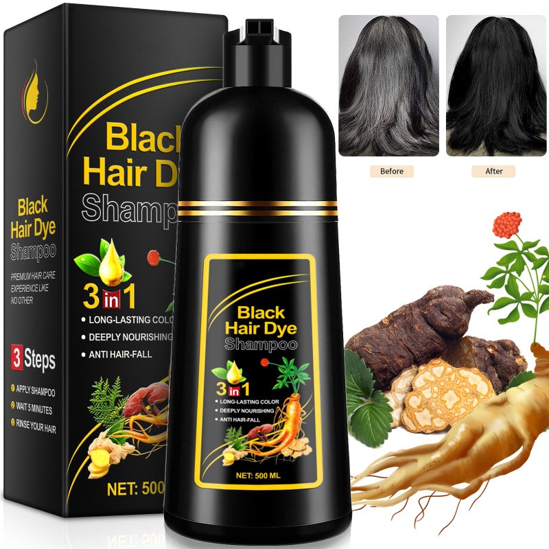 ALIVER Hair Dye Shampoo (Black) - 3-in-1 Natural Herbal Essence: Coloring, Nourishing, and Hair Growth Promoter - 500ml, Hypoallergenic and Harmless for Scalp Care - Image 1