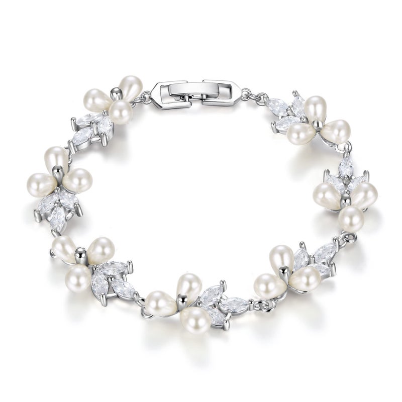 EVER FAITH Women's CZ Cream Simulated Pearl Floral Leaf Wedding Bride Tennis Bracelet Clear Silver-Plated-Brass