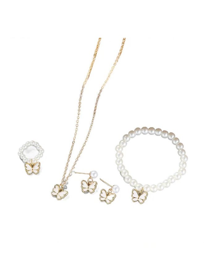 Zeemey - Exquisite Butterfly Trio Jewelry Set - Alloy with Faux Pearl Accents, Chic Vacation Style, Ideal for Daily Wear or Gifts - Includes Earrings, Bracelet, Ring, and Pendant Necklace for Women - Image 1