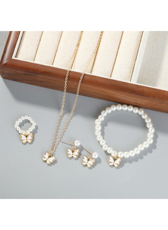 Zeemey - Exquisite Butterfly Trio Jewelry Set - Alloy with Faux Pearl Accents, Chic Vacation Style, Ideal for Daily Wear or Gifts - Includes Earrings, Bracelet, Ring, and Pendant Necklace for Women - Image 1