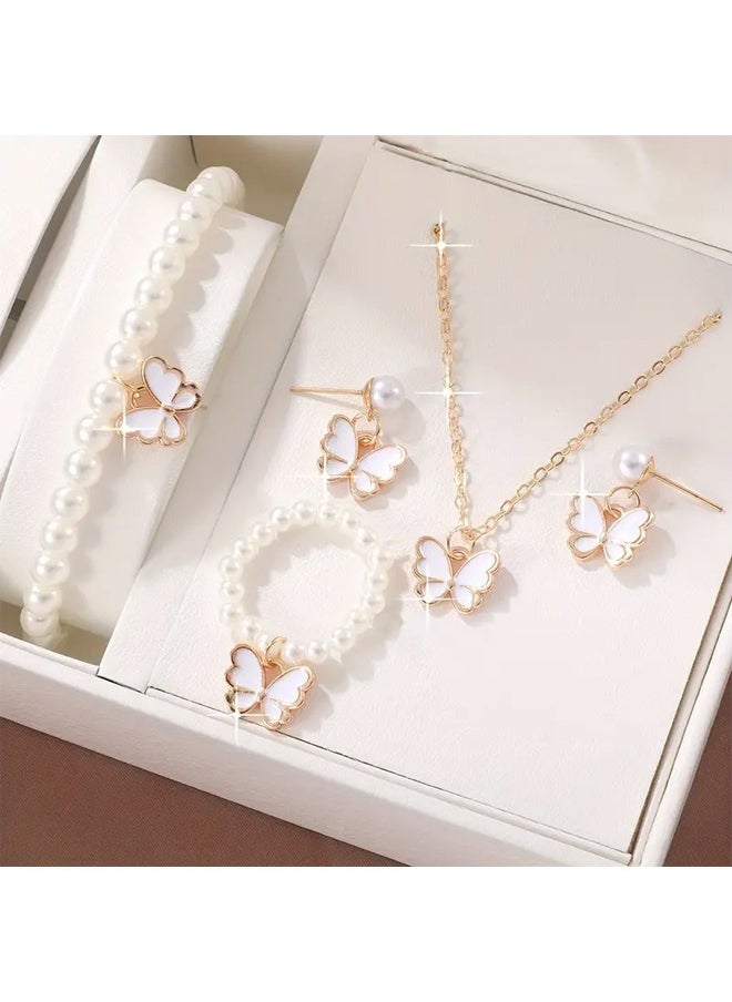 Zeemey - Exquisite Butterfly Trio Jewelry Set - Alloy with Faux Pearl Accents, Chic Vacation Style, Ideal for Daily Wear or Gifts - Includes Earrings, Bracelet, Ring, and Pendant Necklace for Women - Image 1