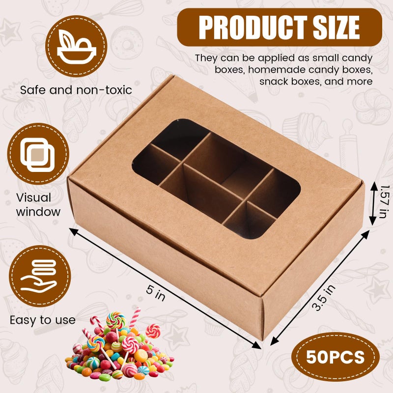 Chivertion 50 Pcs Kraft Treat Boxes with Window and Dividers Empty Candy Truffle Baking Boxes Square Cupcake Cookies Containers for Valentine Giving Gift (5 x 3.54 x 1.57 Inches,Brown) - Image 2