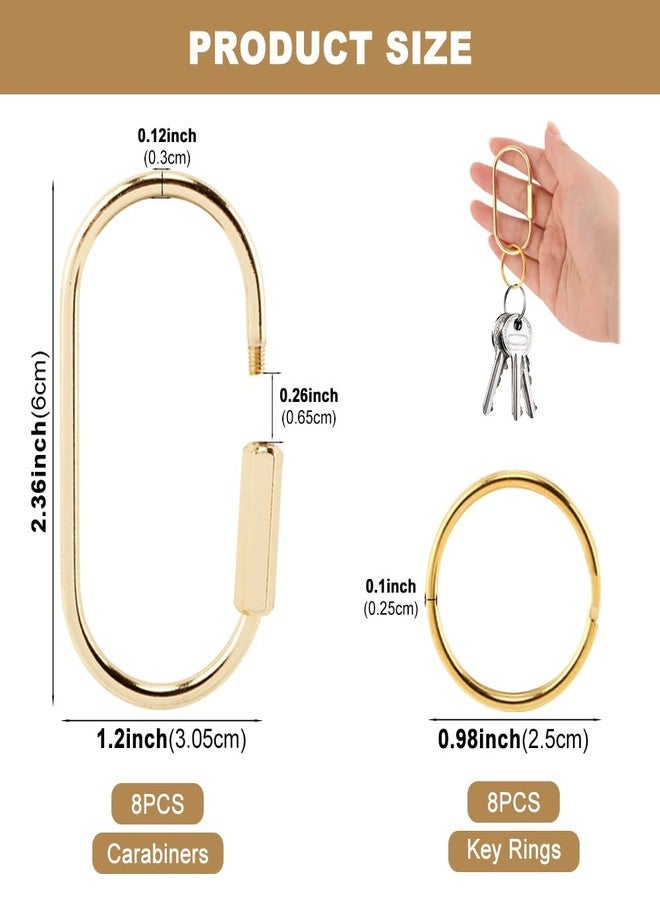 Herxsin 8Packs Premium Brass Keychain-Key Ring Carabiner Clip with 8 Flat Rings, Secure Locking Screw Design, Brass Key Ring Ideal for Keys, Bags, Accessories, Luggage Tag, Pet Collar Clip(Color:Gold) - Image 3