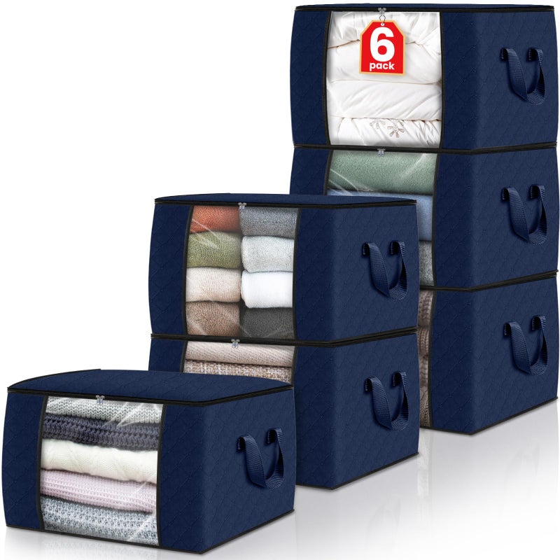 Fab totes Storage Bags,Clothes Blanket Storage Bins Foldable Closet Organizers with Reinforced Handle for Home Dorm Storage and Organization,Fabric Bags for Organizing Sheets,Clothing (Blue,6 Pack) - Image 1