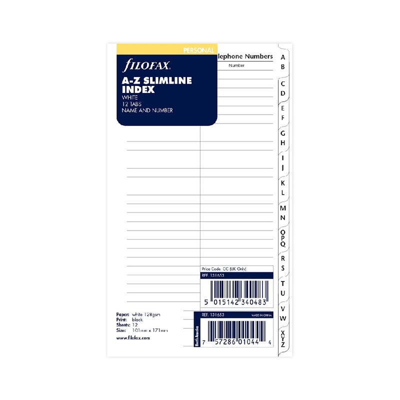 Filofax Personal AZ Slimline Index White Name and Telephone Numbers - Image 2