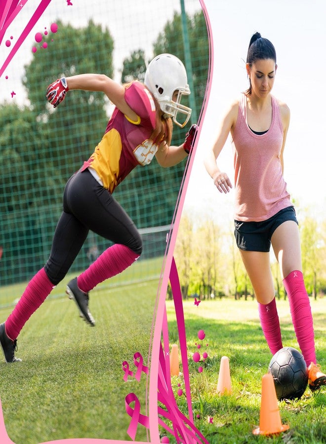 Foaincore 4 Pairs Breast Cancer Awareness Elastic Compression Calf Football Leg Sleeve Sewed with Ribbon for Women (Rose Red) - Image 2