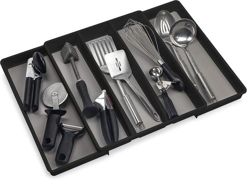 ELTOW Expandable Utensil Drawer Organizer, 5 Compartment Non-Slip & Adjustable Utensil Tray for Kitchen Drawers, Kitchen Organization for Utensils, Office Supplies, Flatware Storage - Black - Image 1