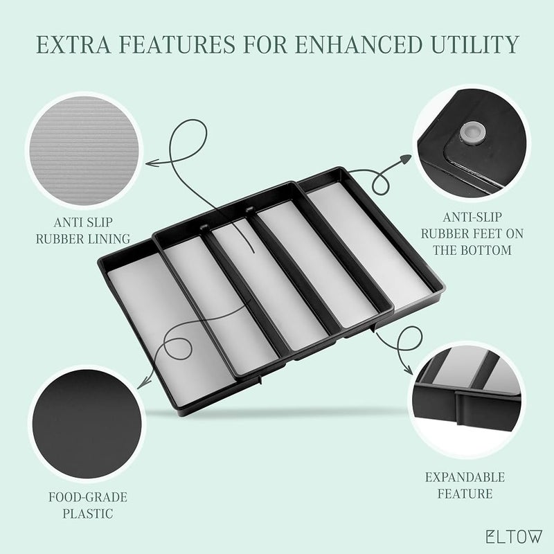 ELTOW Expandable Utensil Drawer Organizer, 5 Compartment Non-Slip & Adjustable Utensil Tray for Kitchen Drawers, Kitchen Organization for Utensils, Office Supplies, Flatware Storage - Black - Image 3