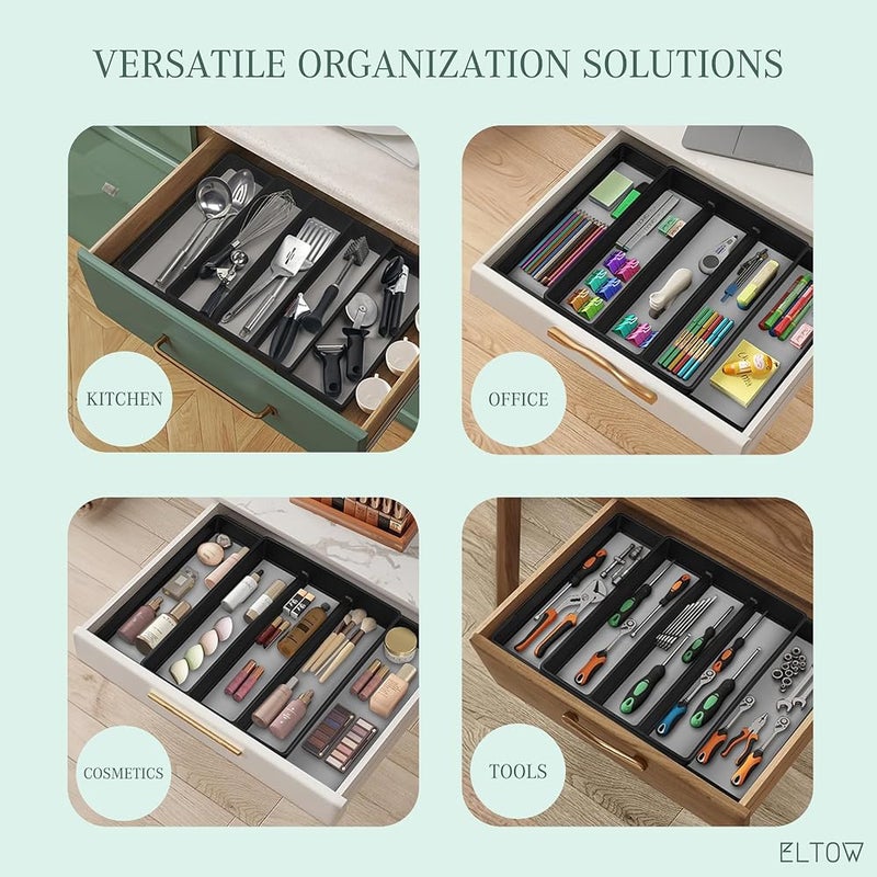 ELTOW Expandable Utensil Drawer Organizer, 5 Compartment Non-Slip & Adjustable Utensil Tray for Kitchen Drawers, Kitchen Organization for Utensils, Office Supplies, Flatware Storage - Black - Image 5
