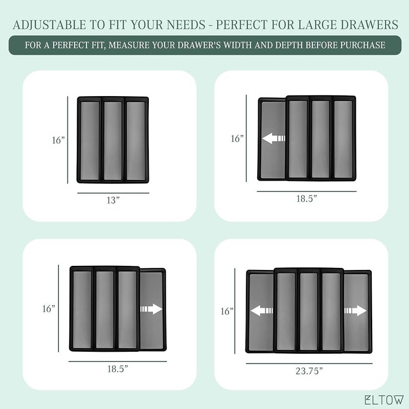 ELTOW Expandable Utensil Drawer Organizer, 5 Compartment Non-Slip & Adjustable Utensil Tray for Kitchen Drawers, Kitchen Organization for Utensils, Office Supplies, Flatware Storage - Black - Image 2