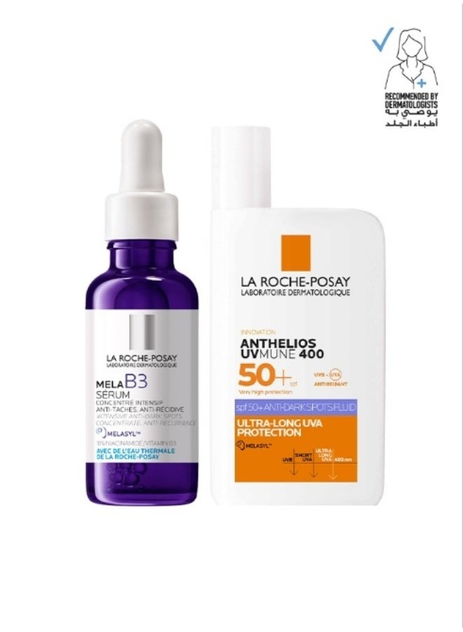 LA ROCHE-POSAY Dark spot routine combining Mela B3 Niacinamide Serum with Anthelios UVMune 400 SPF50+ Invisible Fluid. - Image 1