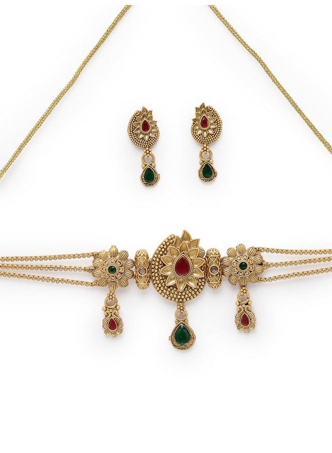 Sukkhi طقم قلادة تشوكر مزخرفة متعددة الأشرطة مطلية بالذهب مع أقراط Stud | طقم مجوهرات للنساء (NS105534) - Image 5
