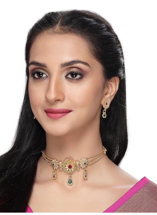 Sukkhi طقم قلادة تشوكر مزخرفة متعددة الأشرطة مطلية بالذهب مع أقراط Stud | طقم مجوهرات للنساء (NS105534) - Image 2