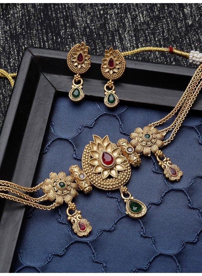 Sukkhi طقم قلادة تشوكر مزخرفة متعددة الأشرطة مطلية بالذهب مع أقراط Stud | طقم مجوهرات للنساء (NS105534) - Image 3