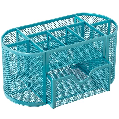 EasyPAG Mesh Pen Holder Desk Organizer with Drawer Stationery Supplies Organizer for Dorm School 9 Compartments Workspace Desk Accessories Organization for Office, Blue - Image 2