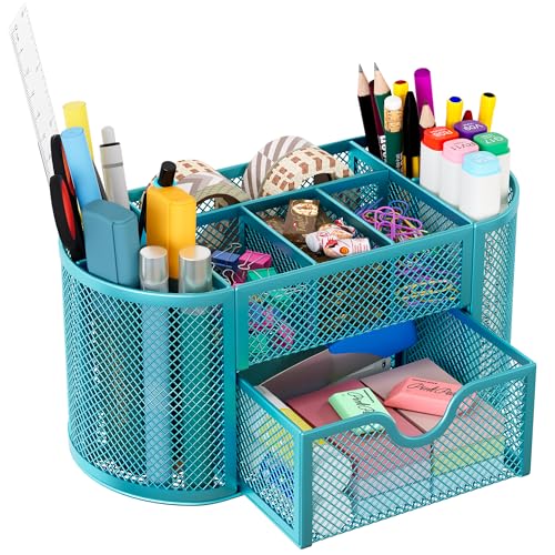 EasyPAG Mesh Pen Holder Desk Organizer with Drawer Stationery Supplies Organizer for Dorm School 9 Compartments Workspace Desk Accessories Organization for Office, Blue - Image 1