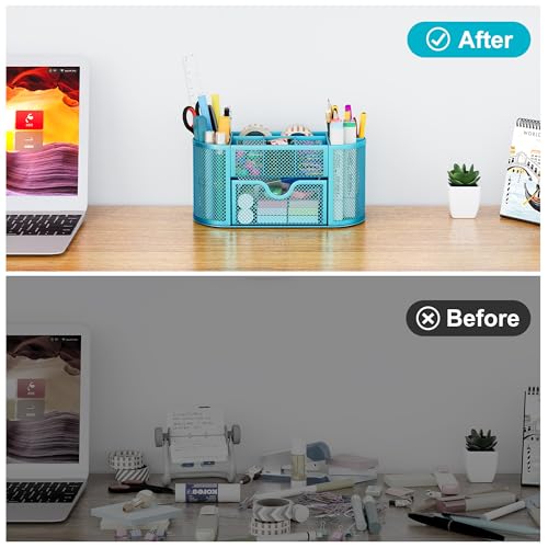 EasyPAG Mesh Pen Holder Desk Organizer with Drawer Stationery Supplies Organizer for Dorm School 9 Compartments Workspace Desk Accessories Organization for Office, Blue - Image 5