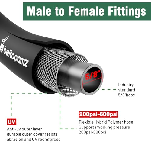 Beitopamz 150 ft Garden Hose, 5/8 in Heavy Duty Water Hose, Flexible and Durable, Lightweight Rubber Hybrid Hose, Leak-Free Connections, Male to Female 3/4'' Brass Fittings for Patio, Lawn, Black - Image 2