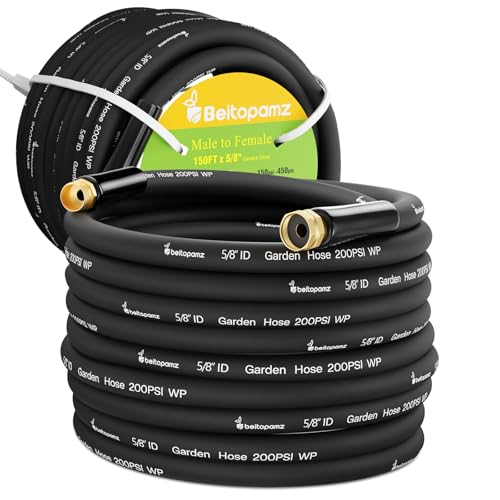 Beitopamz 150 ft Garden Hose, 5/8 in Heavy Duty Water Hose, Flexible and Durable, Lightweight Rubber Hybrid Hose, Leak-Free Connections, Male to Female 3/4'' Brass Fittings for Patio, Lawn, Black - Image 1