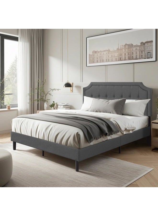 VECELO Queen Upholstered Platform Bed Frame with Adjustable Button Stitched Panel Headboard,Strong Wood Slat Support,Velcro Design,Mattress Foundation/Easy Assembly,Grey - Image 2