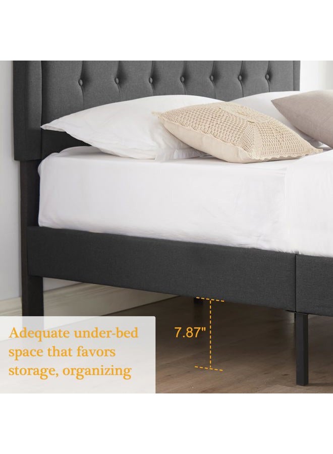 VECELO Queen Upholstered Platform Bed Frame with Adjustable Button Stitched Panel Headboard,Strong Wood Slat Support,Velcro Design,Mattress Foundation/Easy Assembly,Grey - Image 5