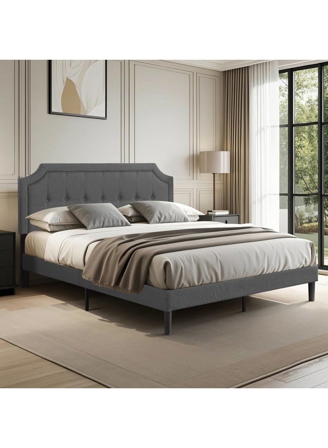 VECELO Queen Upholstered Platform Bed Frame with Adjustable Button Stitched Panel Headboard,Strong Wood Slat Support,Velcro Design,Mattress Foundation/Easy Assembly,Grey - Image 4