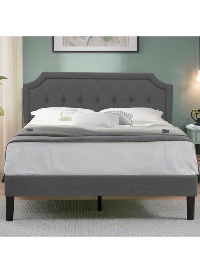 VECELO Queen Upholstered Platform Bed Frame with Adjustable Button Stitched Panel Headboard,Strong Wood Slat Support,Velcro Design,Mattress Foundation/Easy Assembly,Grey - Image 1