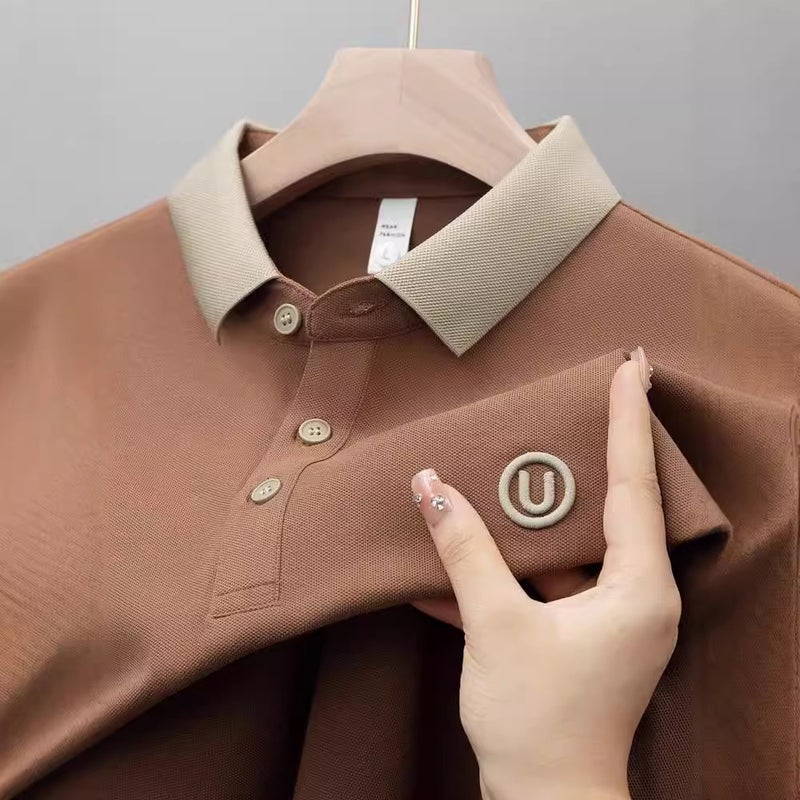 Summer New Polo Shirt Mens Short-sleeved T-shirt Lop Mens Fashionable Half-sleeved Top plus size Ice Silk High-end T-shirt Brown 