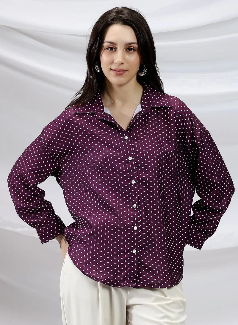 كامبوس سوترا قميص نسائي بنقوش عنب بنفسجي منقط بياقة عريضة وأكمام طويلة بأزرار