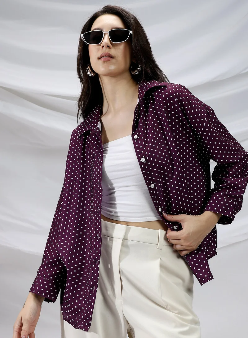 كامبوس سوترا قميص نسائي بنقوش عنب بنفسجي منقط بياقة عريضة وأكمام طويلة بأزرار