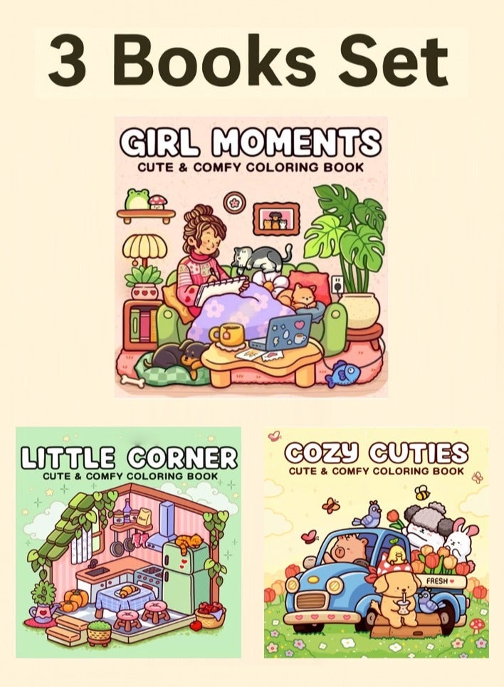 Hellobox Girl Moments + Little Corner + Cozy Cuties 3-Book Set: Mindfulness Coloring Books for Adults, Kids & Teens – Cute & Cozy Daily Activities & Nordic Hygge Spaces, Super Cute Designs, Stress-Relief Art Therapy & Family Bonding Activity (Cozy Spaces Collection) - Image 1