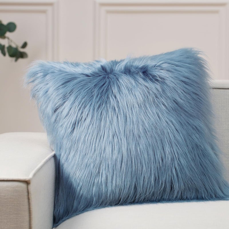 Phantoscope Faux Fur Pillow Cover Decorative Fluffy Throw Pillow Mongolian Luxury Fuzzy Pillow Case Cushion Cover for Bedroom and Couch  Blue 26 x 26 Inches - Image 1
