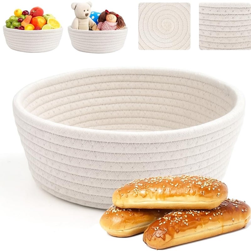 MZ Cotton Rope Storage Bowl, Round Bread Basket, 26 x 9 cm, White - Image 1