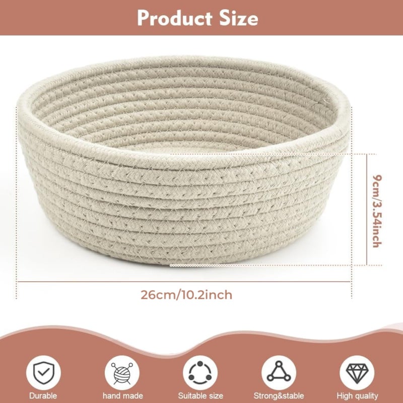 MZ Cotton Rope Storage Bowl, Round Bread Basket, 26 x 9 cm, White - Image 3