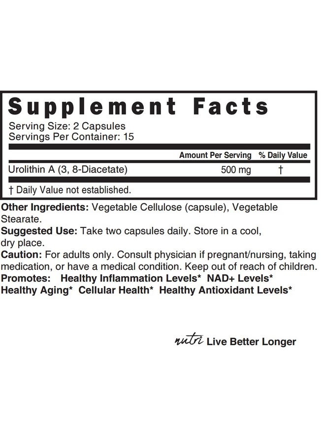 نايتشرز فوجنز مكمل غذائي من Nature's Fusions Nutri Urolithin A بتركيز 500 ملغ - معزز قوي لـ NAD+، مضاد للأكسدة، يعمل على إصلاح الخلايا - تم اختباره من قبل جهة خارجية - 500 ملغ من Urolithin A - 30 كبسولة نباتية تكفي لمدة أسبوعين فأكثر - Image 3