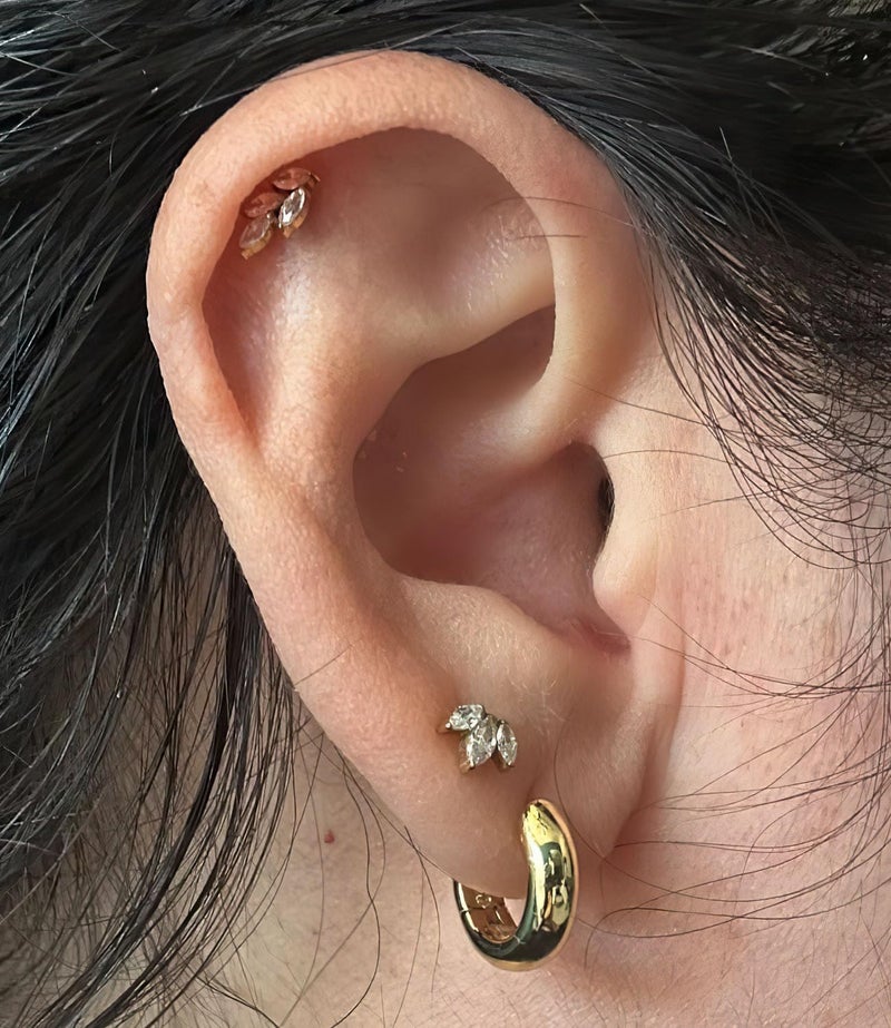 Sweetkiki Threadless Flat Back Earrings, Hypoallergenic 14K Real Gold Plated CZ Leaf Stud Earrings | Cartilage Earring | Tragus Helix Piercing Jewelry | Push in Flatback Earrings for Women (Leaf - B - Gold) - Image 4