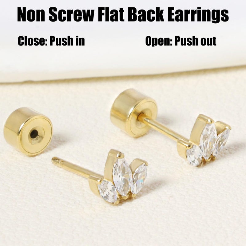 Sweetkiki Threadless Flat Back Earrings, Hypoallergenic 14K Real Gold Plated CZ Leaf Stud Earrings | Cartilage Earring | Tragus Helix Piercing Jewelry | Push in Flatback Earrings for Women (Leaf - B - Gold) - Image 3