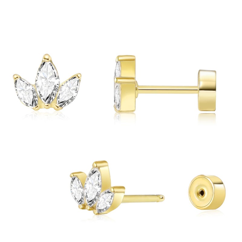 Sweetkiki Threadless Flat Back Earrings, Hypoallergenic 14K Real Gold Plated CZ Leaf Stud Earrings | Cartilage Earring | Tragus Helix Piercing Jewelry | Push in Flatback Earrings for Women (Leaf - B - Gold) - Image 1