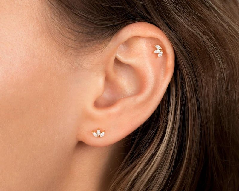 Sweetkiki Threadless Flat Back Earrings, Hypoallergenic 14K Real Gold Plated CZ Leaf Stud Earrings | Cartilage Earring | Tragus Helix Piercing Jewelry | Push in Flatback Earrings for Women (Leaf - B - Gold) - Image 2
