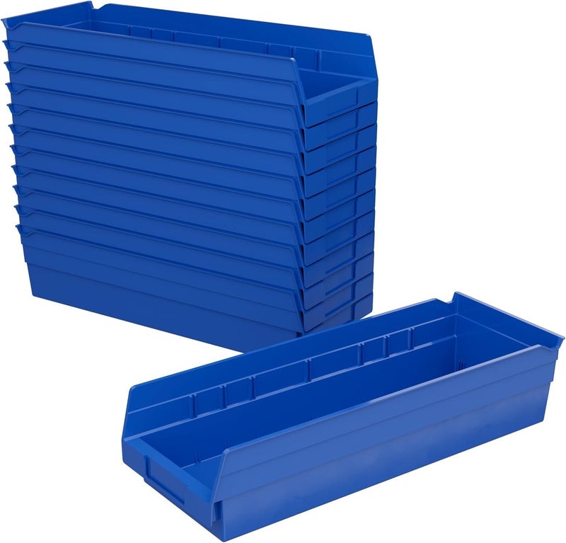 Akro-Mils 30138 Plastic Shelf Bins, Heavy Duty Storage Bins for Garage, Closet, and Drawer Organization, 18" x 6-1/2" x 4", Blue, 12-Pack - Image 1